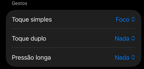 Configurações de Controles do visor: a seção Gestos com Toque simples, Toque duplo e Pressão longa
