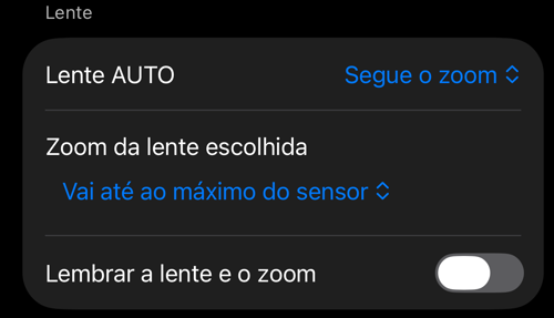 Configurações de Controles do visor: a seção Lente com a opção Lente AUTO e Lembrar a lente e o zoom