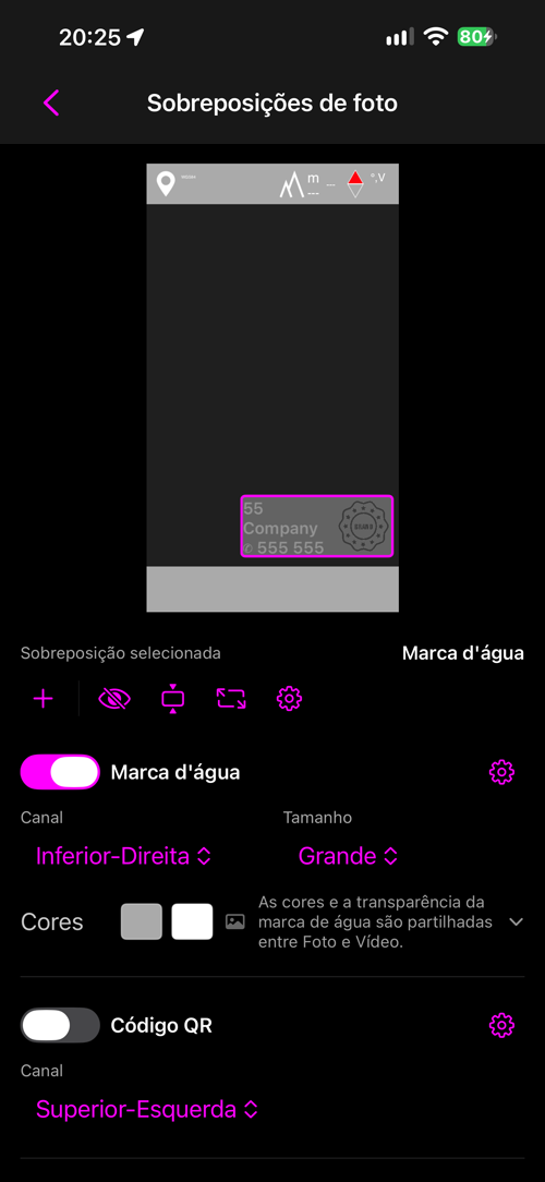 O leiaute de sobreposições de foto, com a marca d’água selecionada no quadro