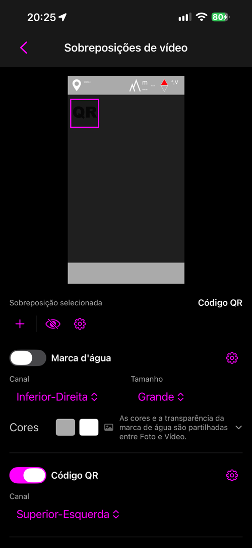 O leiaute de sobreposições de vídeo, com a marca d’água desligada e o QR ligado