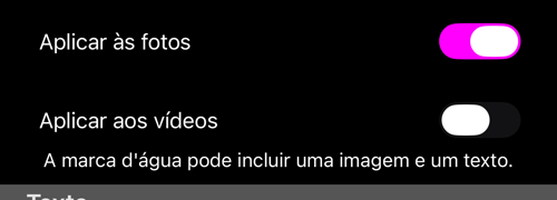 Os dois interruptores: «Aplicar às fotos» ligado, «Aplicar aos vídeos» desligado