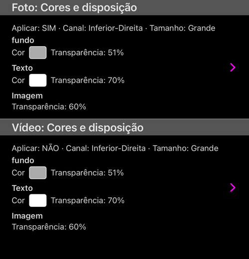Foto e Vídeo, cada um com o seu resumo de Aplicar, Posicionamento e Tamanho