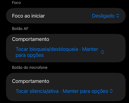 As seções «Foco», «Botão AF» e «Botão do microfone» nas configurações de controles do visor