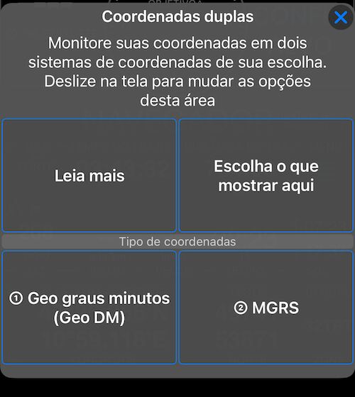 Menu de opções para coordenadas duplas