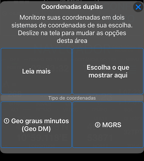 Menu de opções para coordenadas duplas