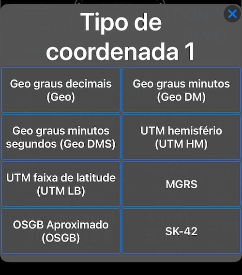 Seletor de tipo de coordenada mostrando todos os 8 formatos