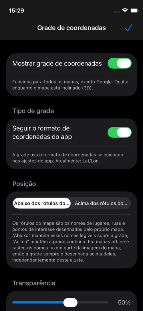 Ajustes da grade com a grade ativada, formato automático, posição das etiquetas e transparência