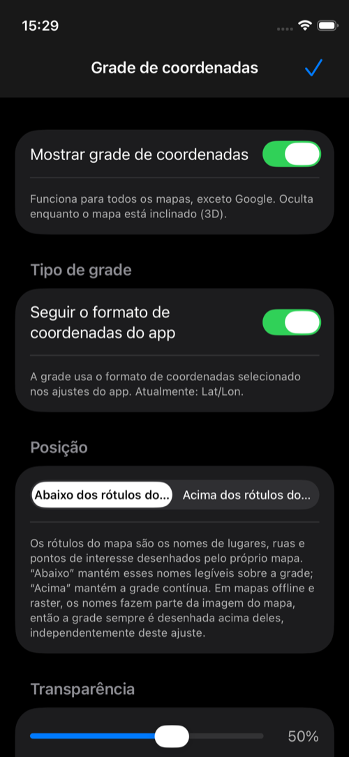 Ajustes da grade com a grade ativada, formato automático, posição das etiquetas e transparência