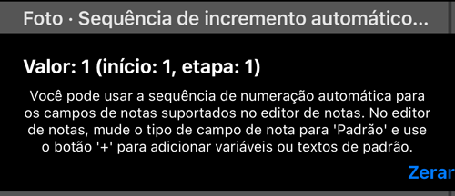 Sequência de numeração do título: o valor atual e o botão Redefinir