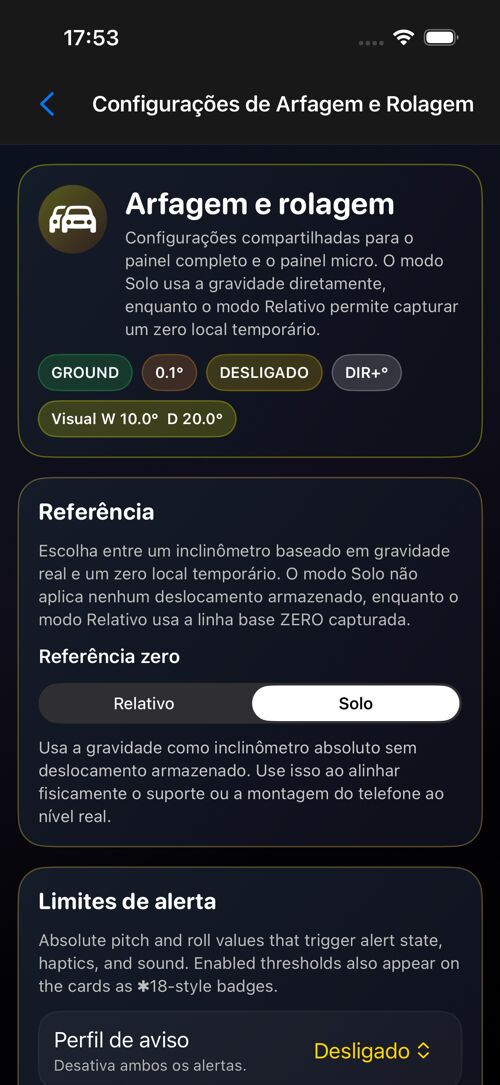 Tela de configurações de Arfagem e rolagem