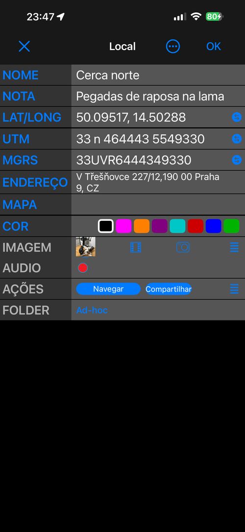 O editor de locais na vista Simples: NOME, NOTA, LAT/LONG, UTM, MGRS, ENDEREÇO, MAPA, COR, IMAGEM, AUDIO, AÇÕES e FOLDER, uma linha cada