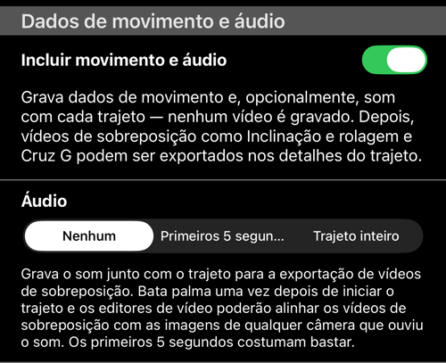 A seção “Dados de movimento e áudio”: a chave “Incluir movimento e áudio” ligada e “Áudio” em “Nenhum”
