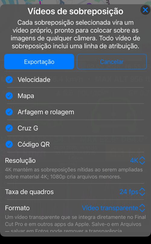 Opções dos vídeos de sobreposição para um trajeto: “Velocidade”, “Mapa”, “Arfagem e rolagem”, “Cruz G” e “Código QR” marcados, e abaixo “Resolução”, “Taxa de quadros” e “Formato”