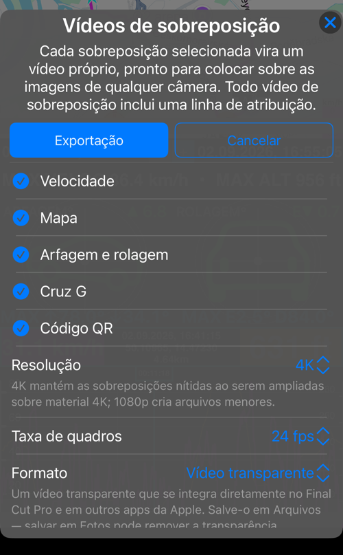 Opções dos vídeos de sobreposição para um trajeto: “Velocidade”, “Mapa”, “Arfagem e rolagem”, “Cruz G” e “Código QR” marcados, e abaixo “Resolução”, “Taxa de quadros” e “Formato”
