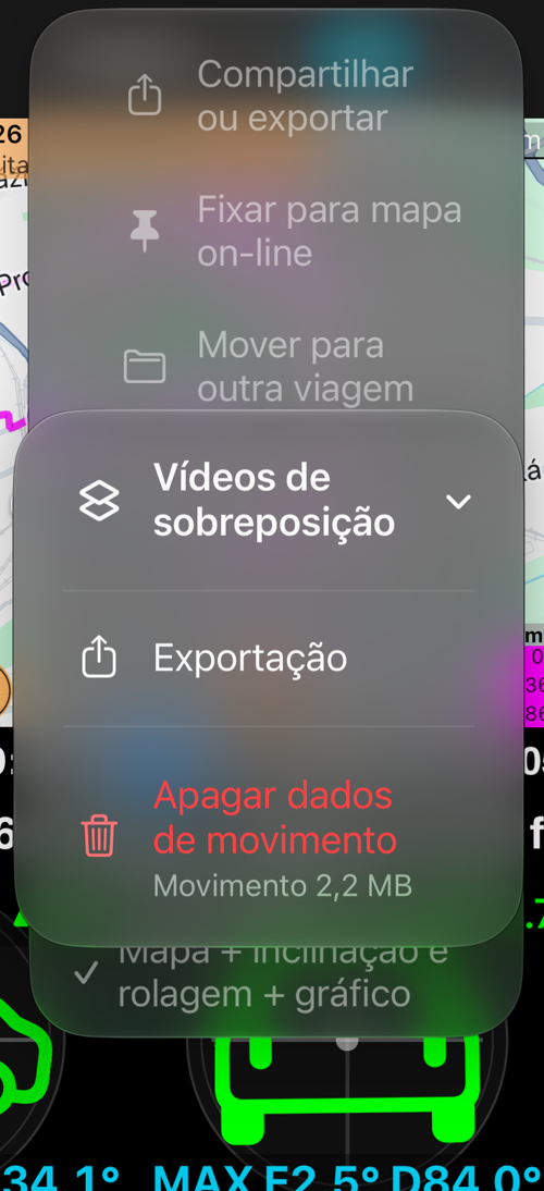 O submenu “Vídeos de sobreposição”: “Exportação” e “Apagar dados de movimento” com o tamanho
