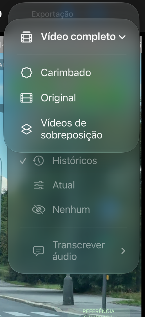 O menu “Vídeo completo” de uma gravação salva, com “Carimbado”, “Original” e “Vídeos de sobreposição”