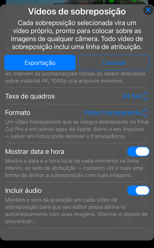 As demais opções: “Taxa de quadros”, “Formato” com sua explicação, “Mostrar data e hora” e “Incluir áudio”