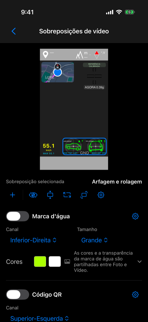 Editor com Mapa no canto superior esquerdo, Cruz G no superior direito, Velocidade no inferior esquerdo e Arfagem e rolagem no inferior direito