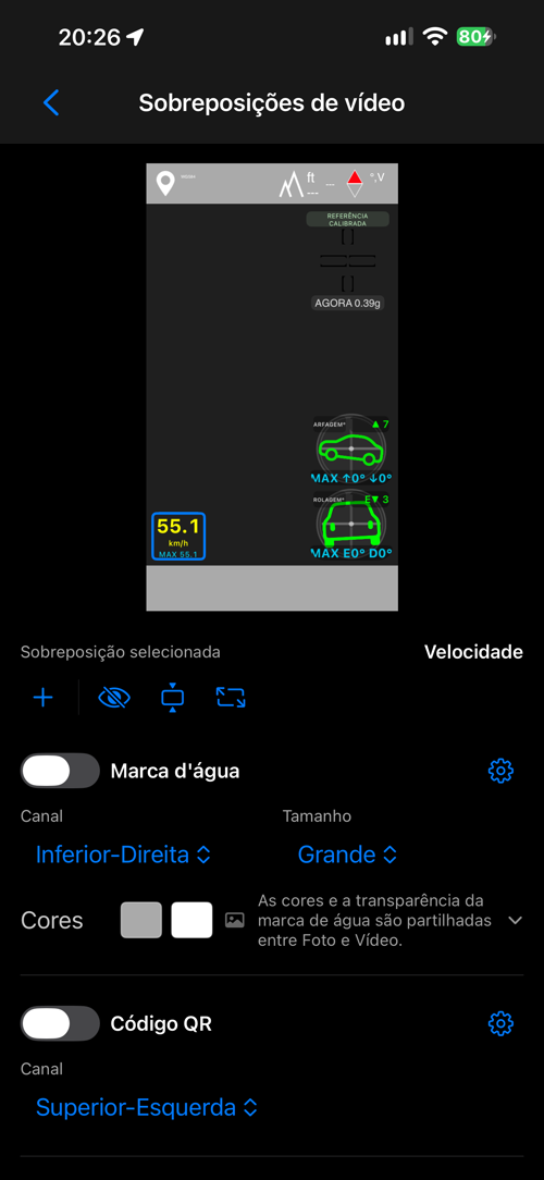 O leiaute de sobreposições de vídeo, com a marca d&rsquo;água desligada e o QR ligado