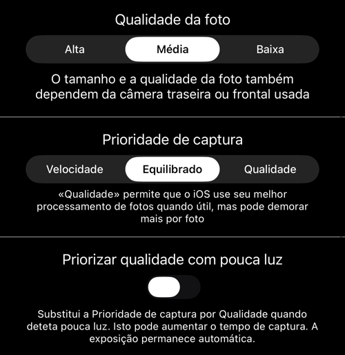 Qualidade da foto, prioridade de captura e o interruptor para pouca luz