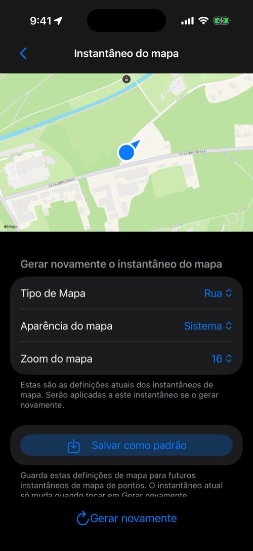 Enlarged point map snapshot with Map type, Map appearance, Map zoom, Save as default, and Re-generate