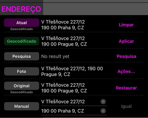 A seção Endereço aberta: Atual, Geocodificado com Procurar, Busca, Foto e duas linhas manuais de endereço