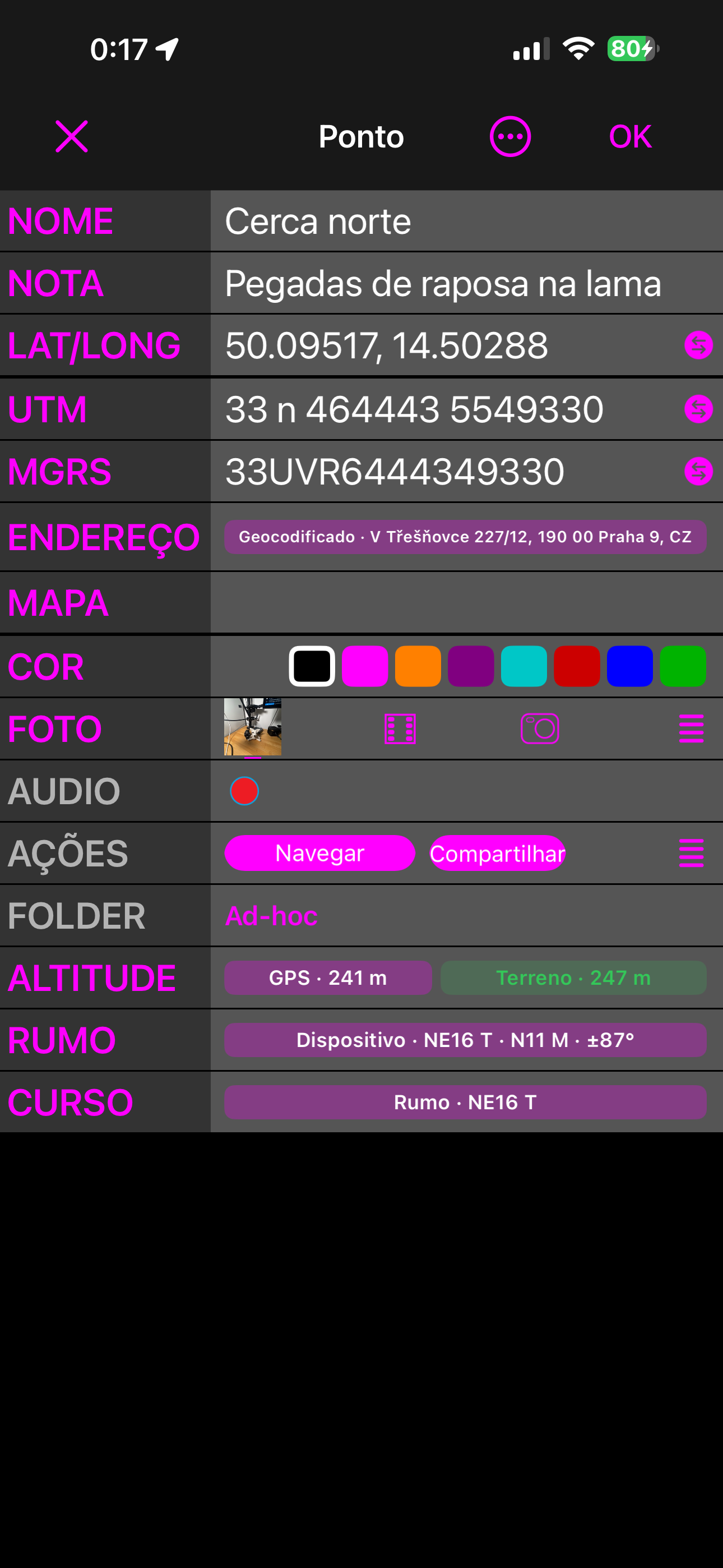 O editor de pontos na vista Avançada, com Altitude, Rumo e Direção no fim da lista