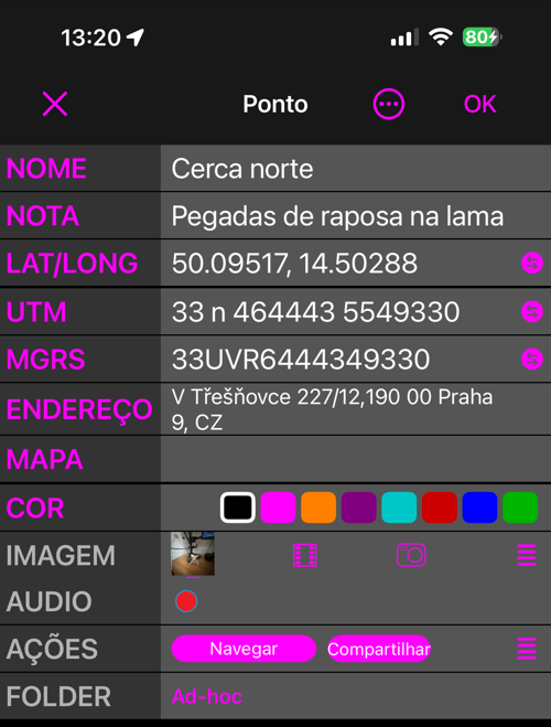 O editor de pontos na vista Simples: NOME, NOTA, LAT/LONG, UTM, MGRS, ENDEREÇO, MAPA, COR, IMAGEM, AUDIO, AÇÕES e FOLDER, uma linha cada