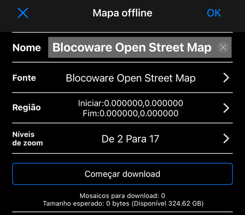 A tela “Mapa offline”: o nome, Blocoware Open Street Map como fonte, a região, os níveis de zoom de 2 a 17, “Iniciar download” e a contagem de tiles com o tamanho previsto