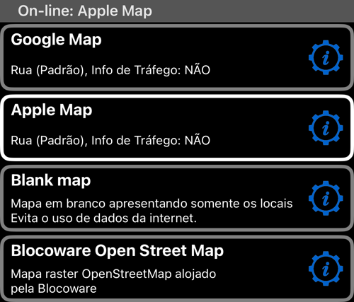 A lista “Mapas” com Google Map, Apple Map, Blank map e Blocoware Open Street Map, com o tamanho do cache e a contagem de tiles