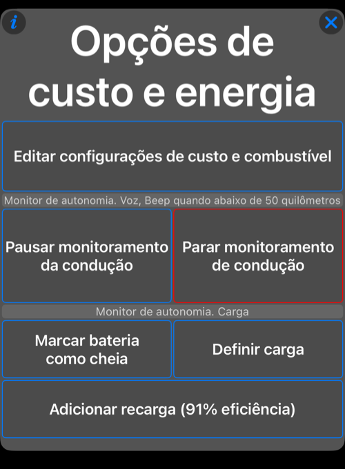 Menu de acoes de carga do VE