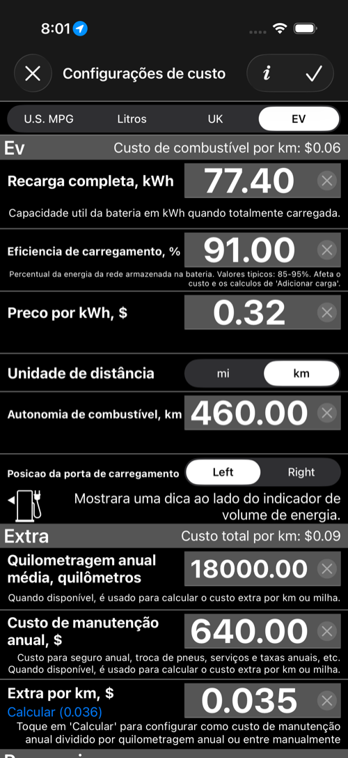 Tela de configuracoes de custo de VE
