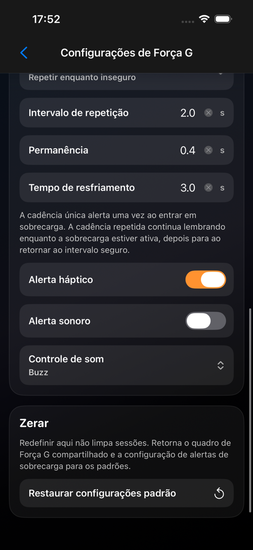 Tela de configurações de Força G
