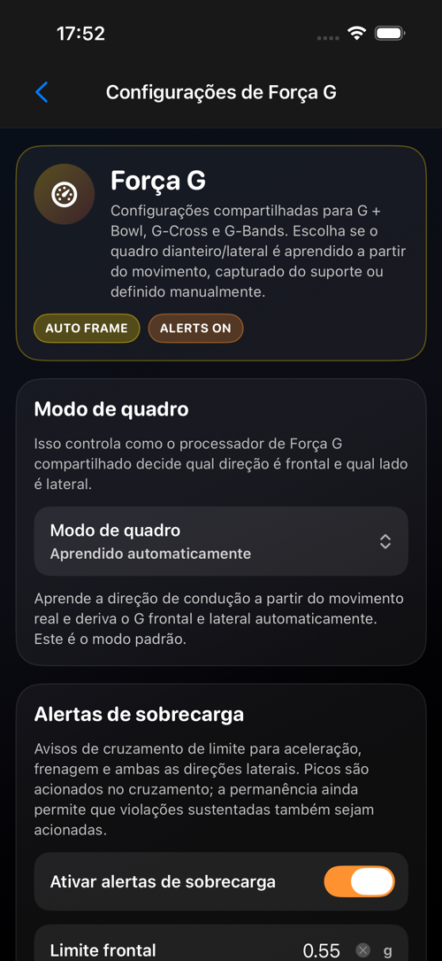 Tela de configurações de Força G