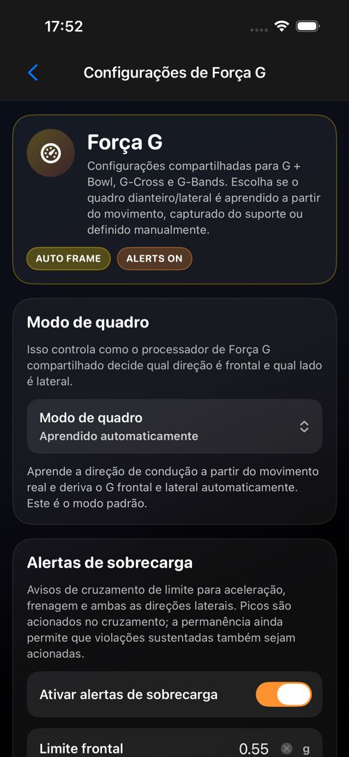 Tela de configurações de Força G