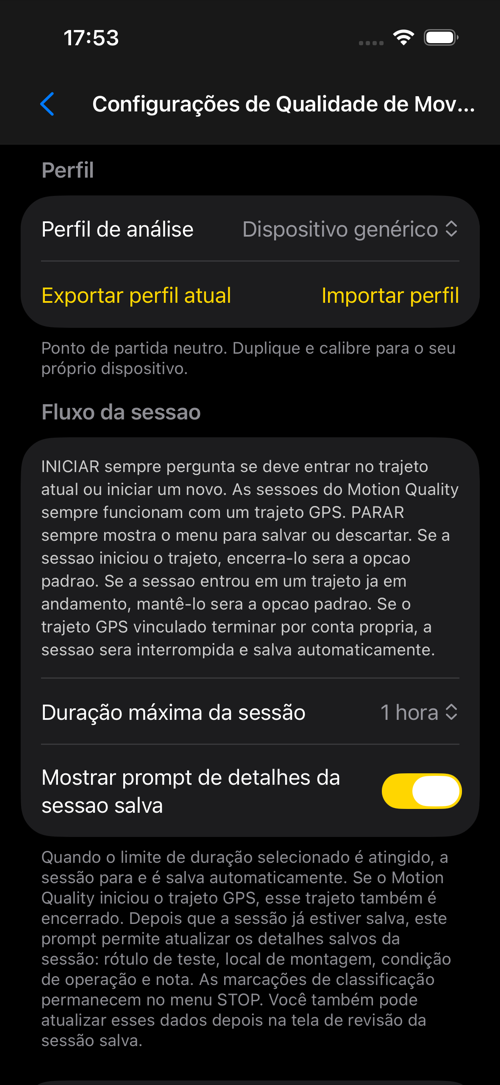 Tela de configurações de Qualidade de Movimento