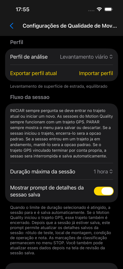Tela de configurações do Levantamento Viário