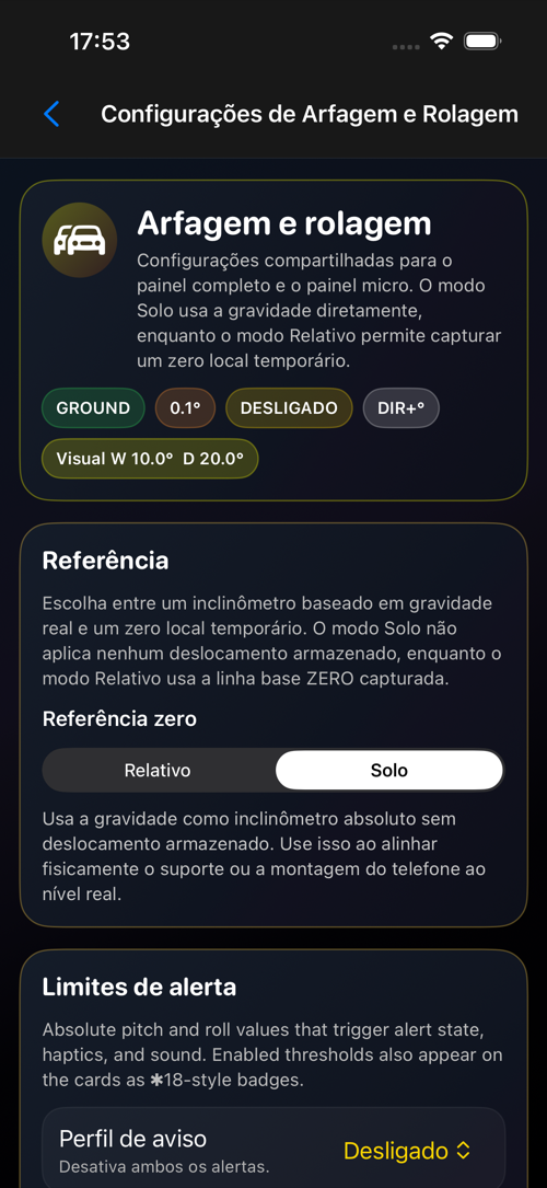 Tela de configurações de Arfagem e rolagem