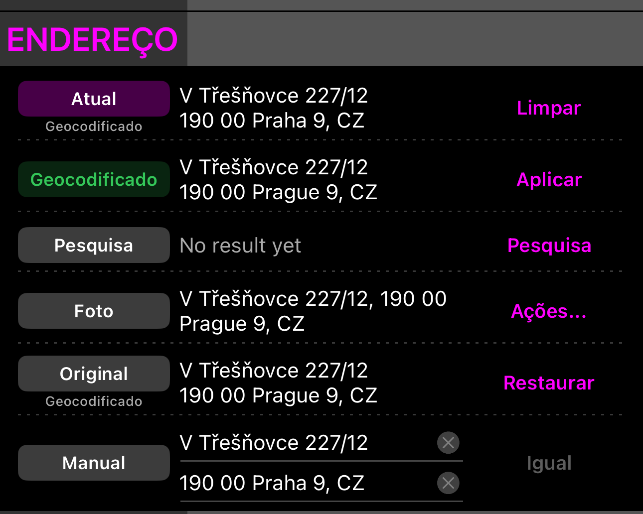A seção Endereço aberta: Atual, Geocodificado com Procurar, Busca, Foto e duas linhas manuais de endereço