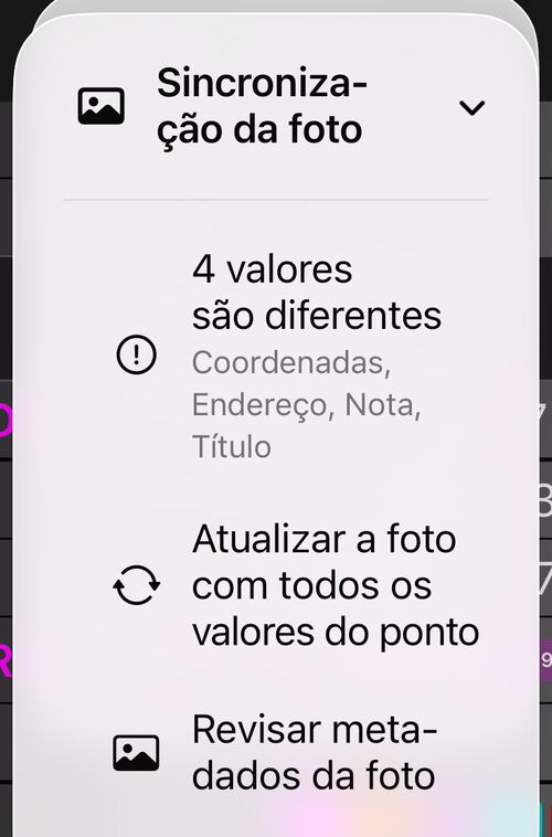 O menu Sincronização da foto: uma linha de status dizendo 3 valores diferem, Atualizar a foto com todos os valores do local, e Revisar metadados da foto