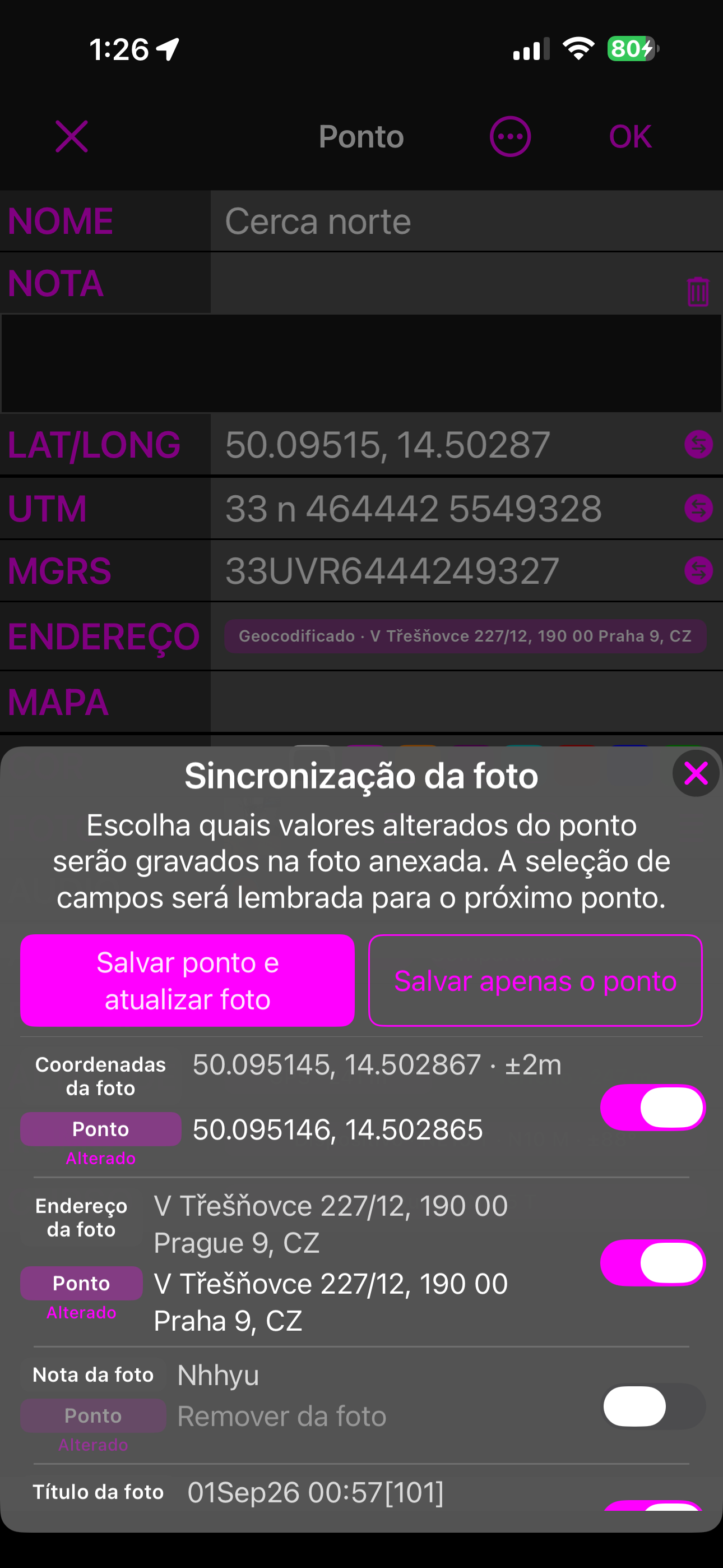 A folha Sincronização da foto ao salvar: Salvar local e atualizar foto, Salvar apenas o local, e uma linha por campo com o valor da foto acima do valor do local, cada uma com um interruptor