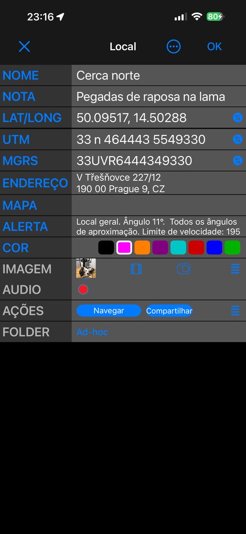 O editor de locais na vista Simples: NOME, NOTA, LAT/LONG, UTM, MGRS, ENDEREÇO, MAPA, COR, IMAGEM, AUDIO, AÇÕES e FOLDER, uma linha cada