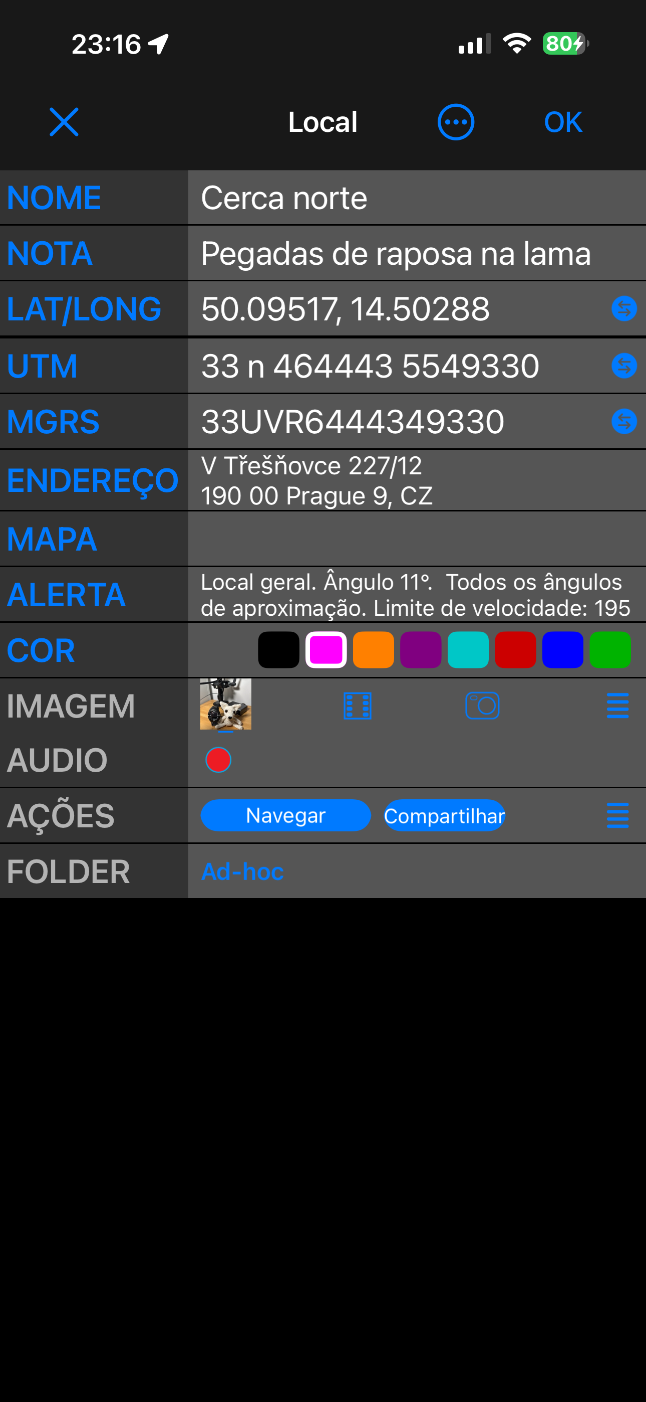 O editor de locais na vista Simples: NOME, NOTA, LAT/LONG, UTM, MGRS, ENDEREÇO, MAPA, COR, IMAGEM, AUDIO, AÇÕES e FOLDER, uma linha cada