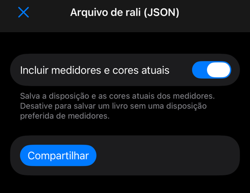 Exportação JSON com opção de medidores e botão Compartilhar
