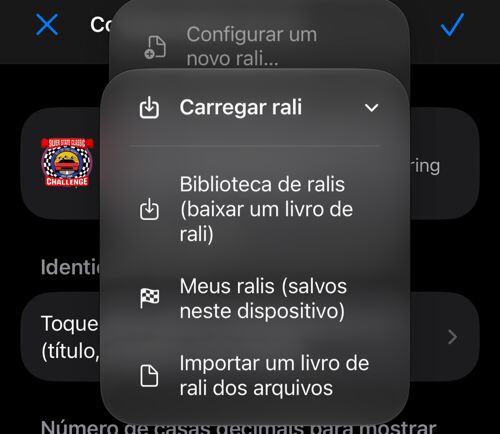 Menu para carregar da biblioteca, de ralis salvos ou de Arquivos