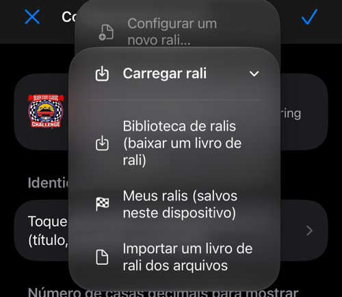 Menu para carregar da biblioteca, de ralis salvos ou de Arquivos