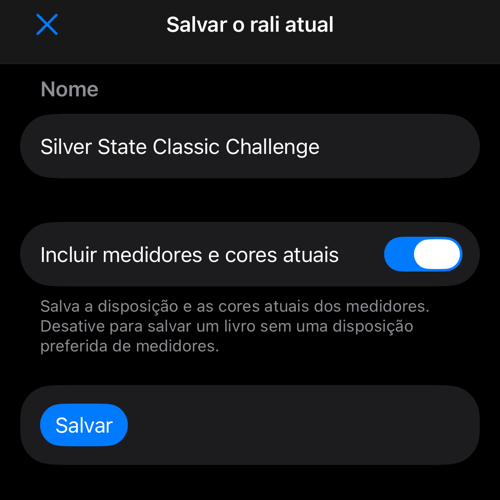 Formulário para salvar o rali com nome, medidores e cores