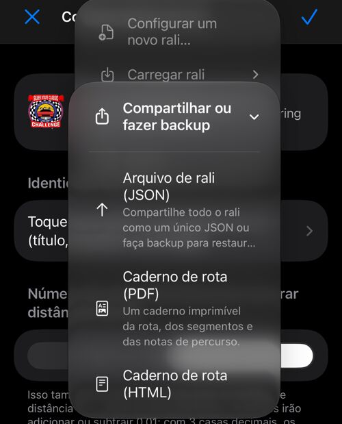 Menu de compartilhamento em JSON, PDF ou HTML