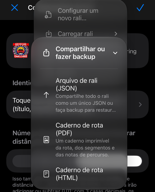 Menu de compartilhamento em JSON, PDF ou HTML