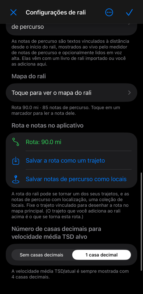 Configurações de rali mostrando a extensão da rota, o trajeto vinculado e a opção de mostrá-lo no mapa principal